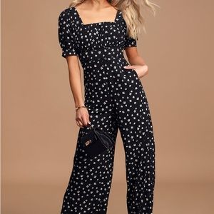 Lulus Modern Elegance Black Floral Print Puff Sleeve Wide-Leg Jumpsuit